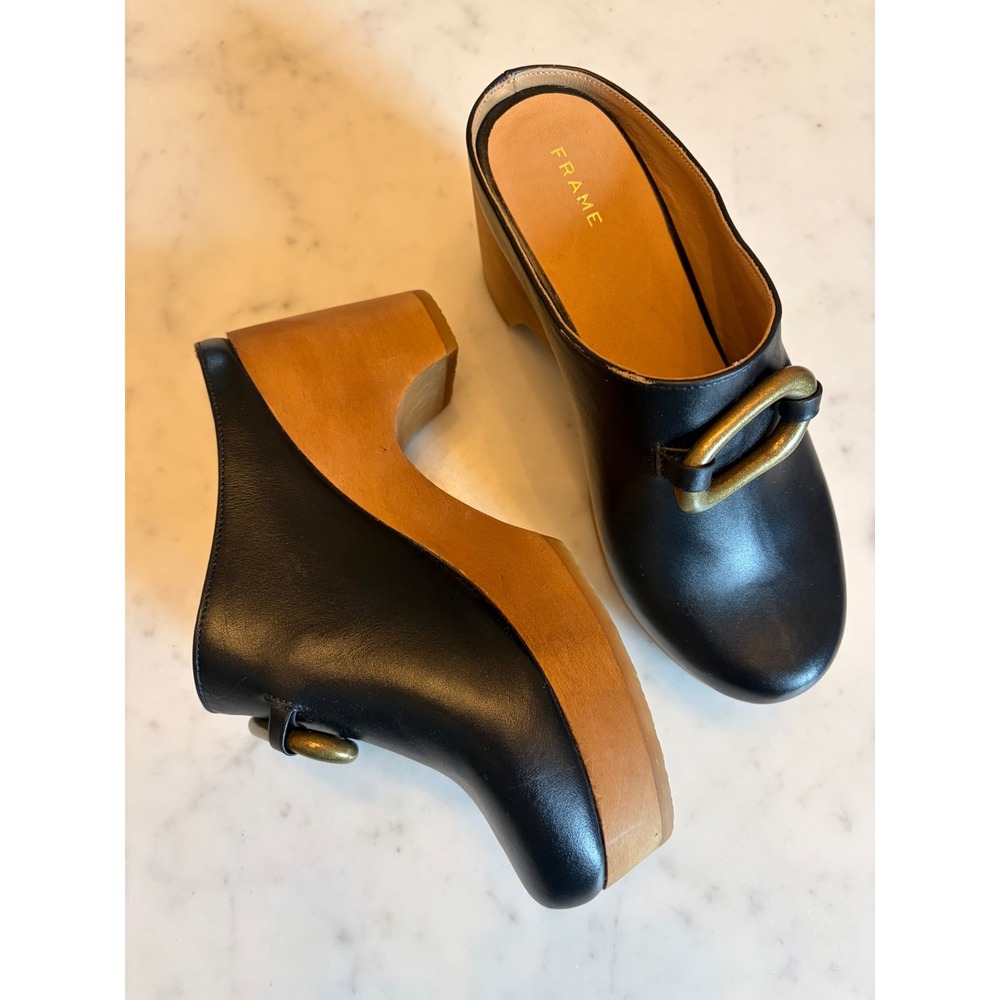 Frame Le Ione Clog Noir Black Leather Wooden Platform Mules Brass Buckle 37 US 7 - Picture 3 of 13